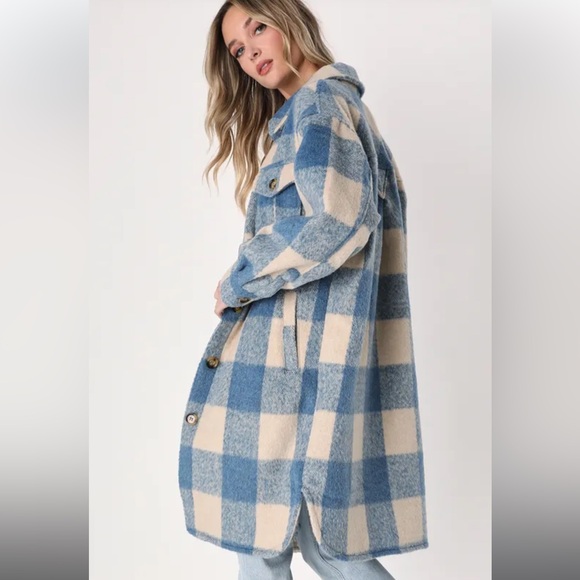 Lulus Snow Day Darling Blue And Cream Plaid Coat - Size XL - Picture 7 of 16
